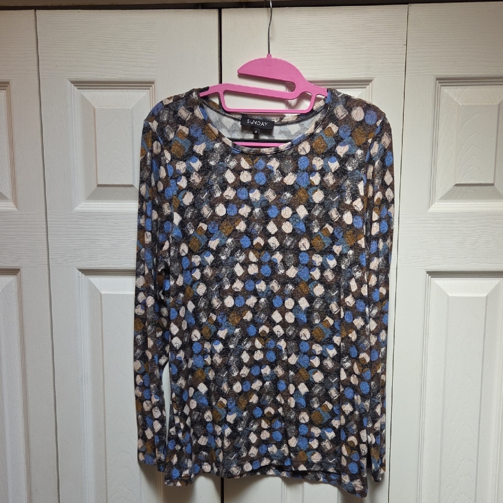 Sunday Abstract Dot Print Long Sleeve Top in Blue, Brown & Cream
